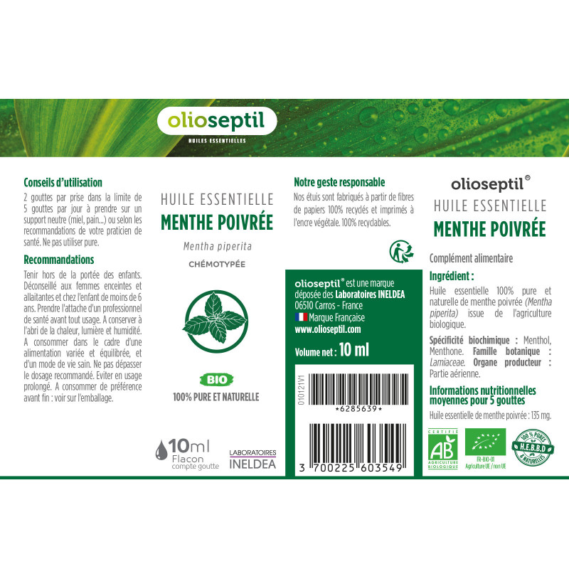 Mentha piperita (famille des lamiacées), huile essentielle 100% BIO,  certifiée label AB.